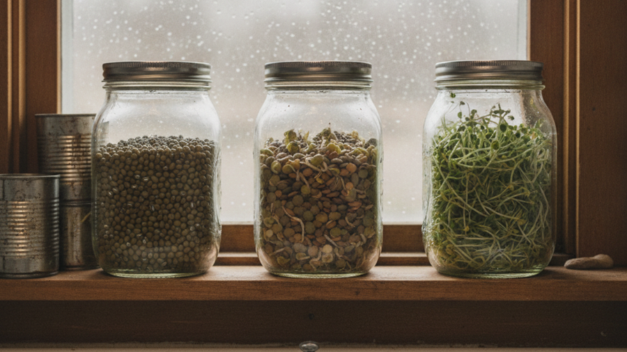 Three mason jars of sprouting mung beans, lentils, and alfalfa at different stages on a kitchen windowsill