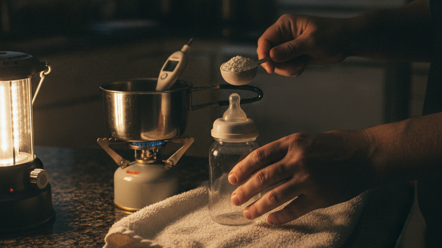 Parent measuring powdered formula and cooled boiled water into a baby bottle by lantern light during a blackout