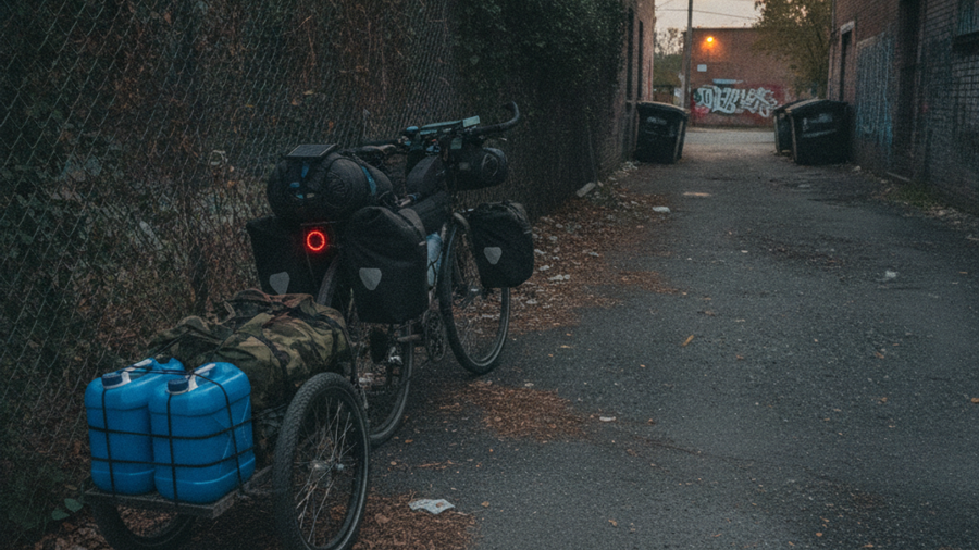 Loaded bug-out bicycle with panniers and single-wheel cargo trailer carrying water containers in a dim urban alley