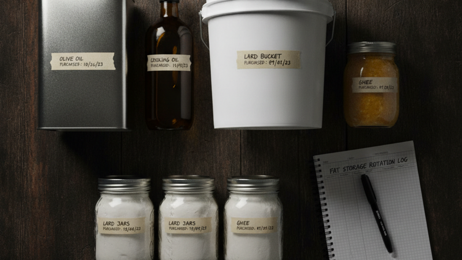 Overhead view of cooking oil tins, amber bottles, and jars of lard and ghee labeled with storage dates beside a rotation log