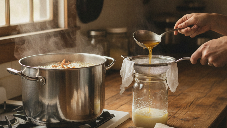 Melted beef fat being strained through cheesecloth into a glass mason jar to make rendered tallow