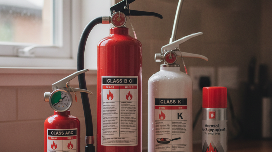 Four fire extinguisher types lined up on a counter showing ABC, CO2, Class K, and aerosol labels