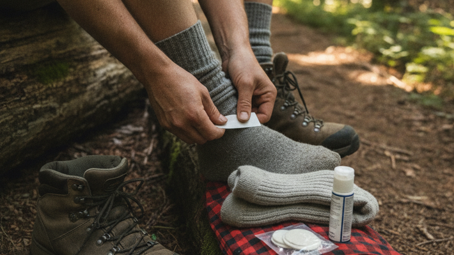 Hiker taping a heel hot spot on a trail with wool socks, blister pads, and foot powder laid out nearby