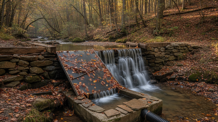 Stone diversion weir and screened intake box feeding a black penstock pipe on a forest creek