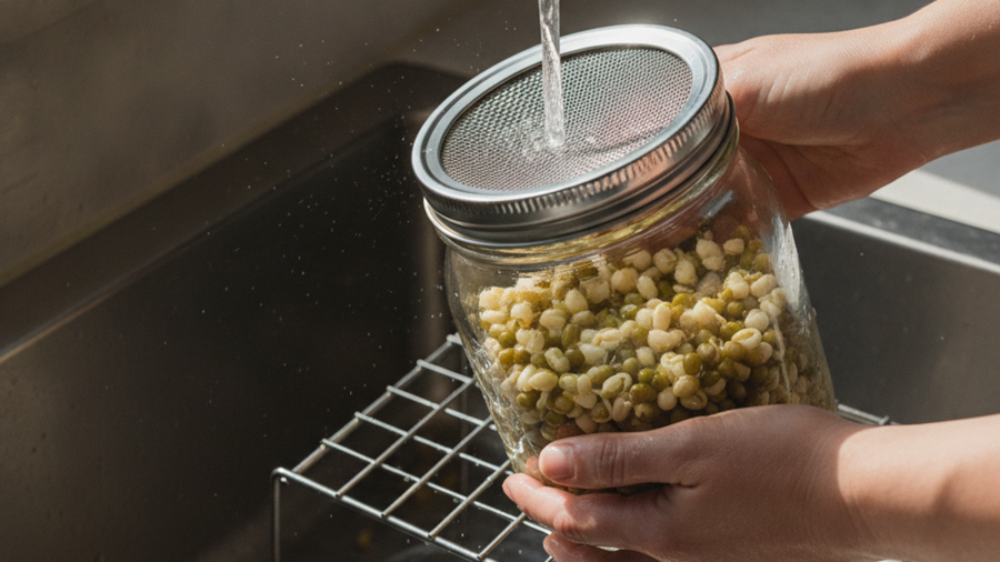 Hands rinsing mung bean sprouts through a mesh sprouting lid on a mason jar over a kitchen sink