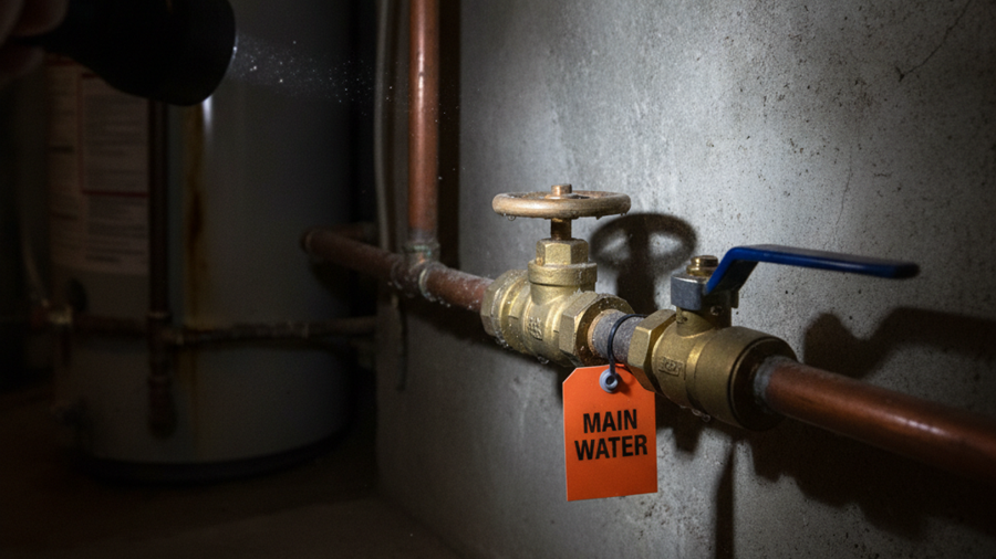 Flashlight illuminating a tagged brass main water shutoff valve on a copper pipe in a dark basement