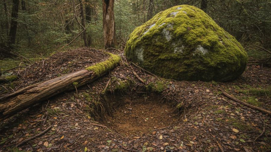 Camouflaged buried cache site in the woods with landmark boulder, compass, and notebook for relocating it