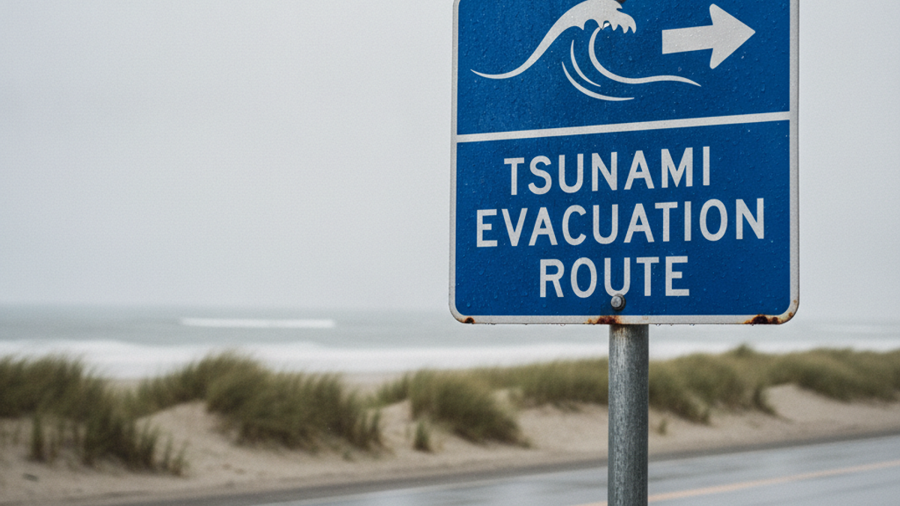 Blue tsunami evacuation route sign with wave symbol and arrow pointing inland along a coastal road
