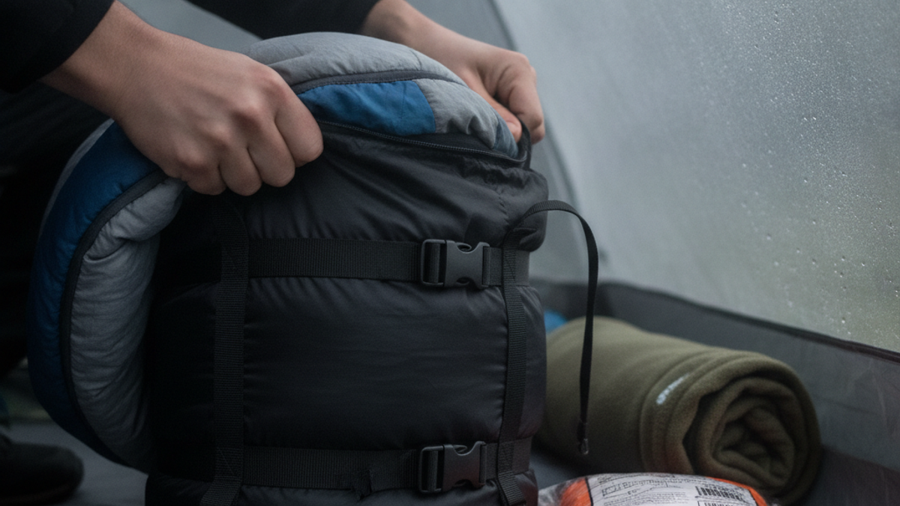 Hands compressing a synthetic sleeping bag into a stuff sack beside a fleece liner and orange emergency bivvy