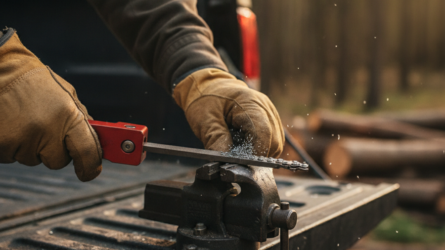 Gloved hands sharpening chainsaw chain teeth with a round file while the bar is clamped in a tailgate vise