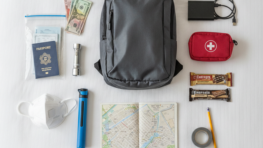 Flat-lay of a travel survival kit on a hotel bed with passport copies, cash, flashlight, water filter straw, N95 mask, power bank and first aid pouch