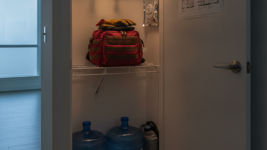 Apartment entry closet stocked with water containers, smoke escape hood, headlamps, go-bag, and a laminated building floor plan