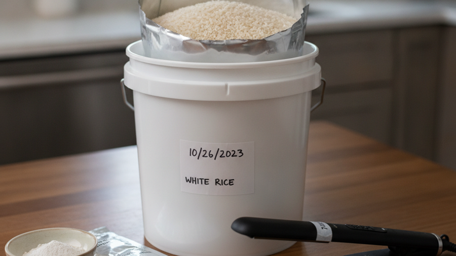 Mylar bag of rice in a food-grade bucket with oxygen absorbers, diatomaceous earth, and a heat sealer