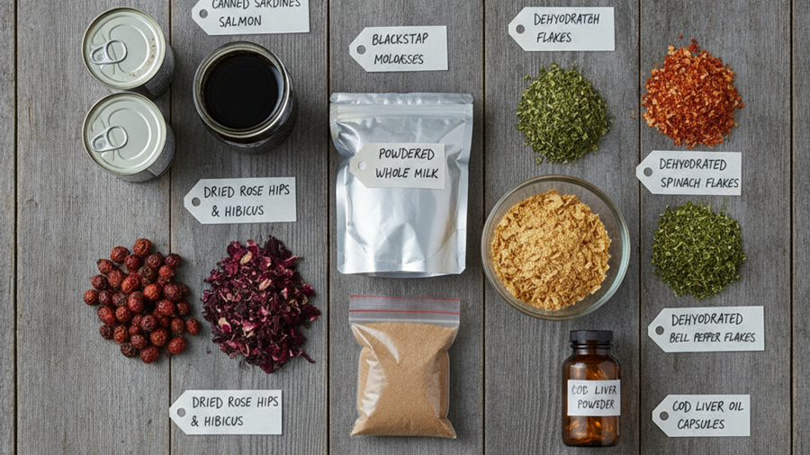 Flat-lay of nutrient-dense storage foods including sardines, molasses, rose hips, nutritional yeast, and dehydrated vegetables with handwritten labels