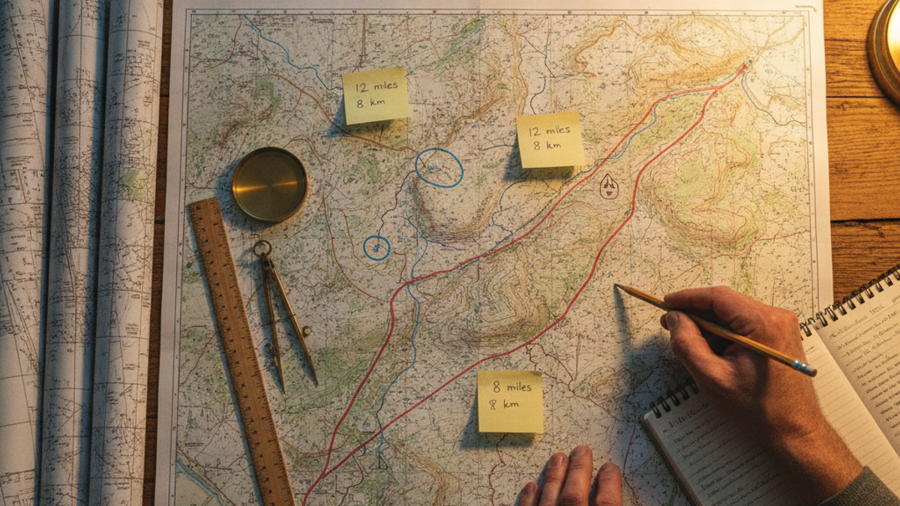 Topographic and parcel maps on a table with marked water sources and alternate routes to a bug-out property