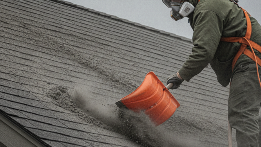 Homeowner in respirator and goggles shoveling volcanic ash off a house roof to prevent collapse