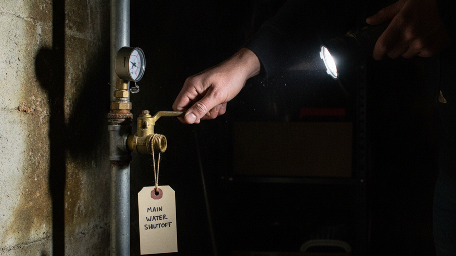 Hand closing a brass main water shutoff valve by flashlight in a dark basement during a power outage