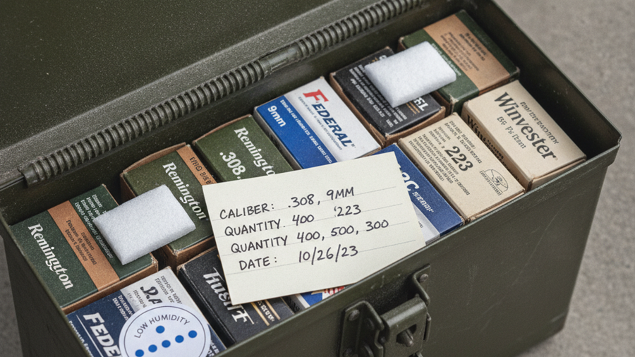 Open ammo can showing packed cartridge boxes, desiccant packs, humidity card, and inventory card