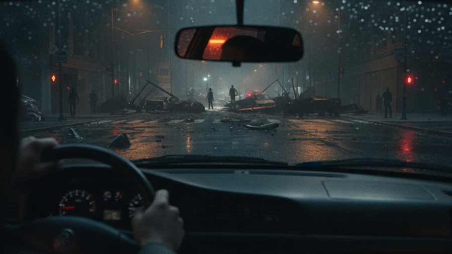 Driver's view through a windshield of a debris-blocked city intersection at night while backing away toward a clear side street