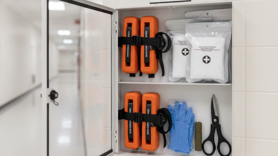 Open public bleeding control cabinet showing tourniquets, hemostatic gauze, gloves, and trauma shears