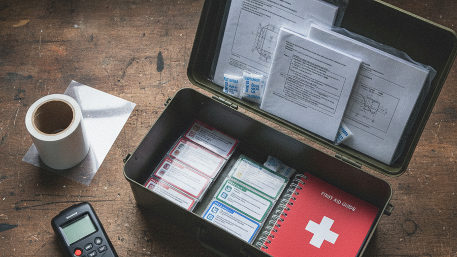 Waterproof ammo can packed with vacuum-sealed survival manuals, laminated cards, and desiccant packs