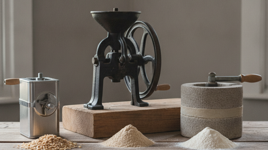 Three types of manual grain mills side by side with samples of coarse to fine flour ground by each