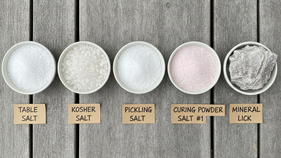 Five bowls of labeled salt types including canning salt, kosher salt, and pink curing salt on weathered wood