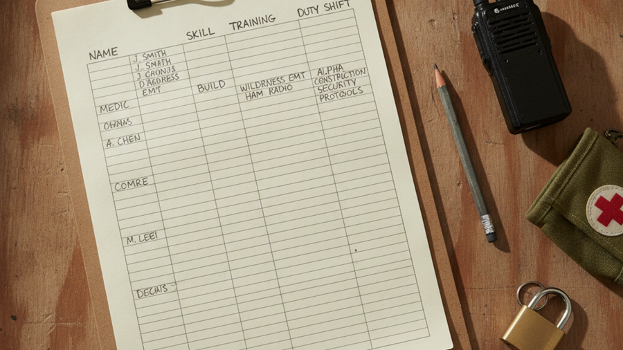 Handwritten survival group skills and duty roster on a clipboard beside a two-way radio and first aid pouch