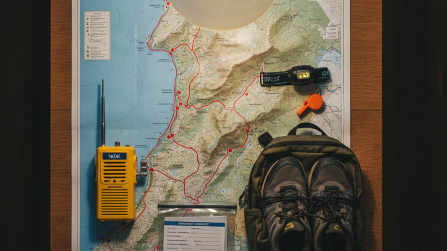 Laminated coastal map with marked high-ground routes beside a hand-crank NOAA radio and compact evacuation go-bag