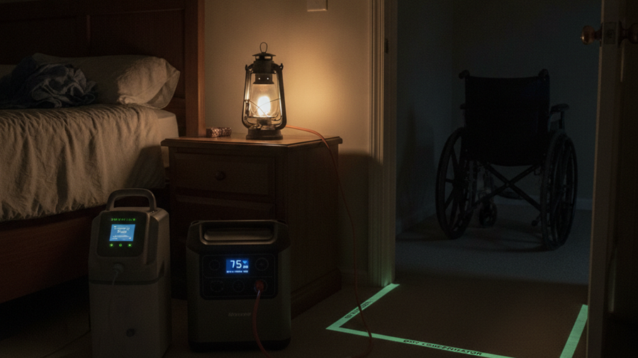Oxygen concentrator running off a portable power station during a blackout with a wheelchair staged in the hallway