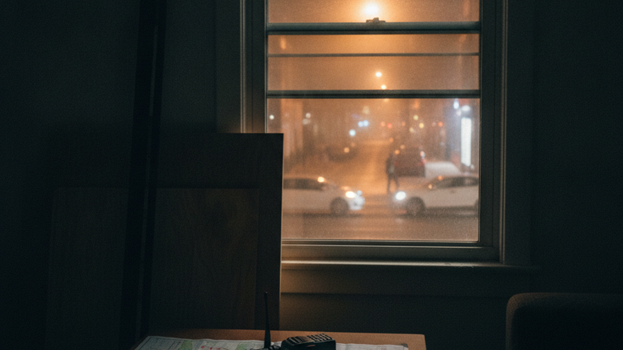 Apartment window partially covered with plywood and a security bar, with a radio, flashlight, and marked map staged nearby at night