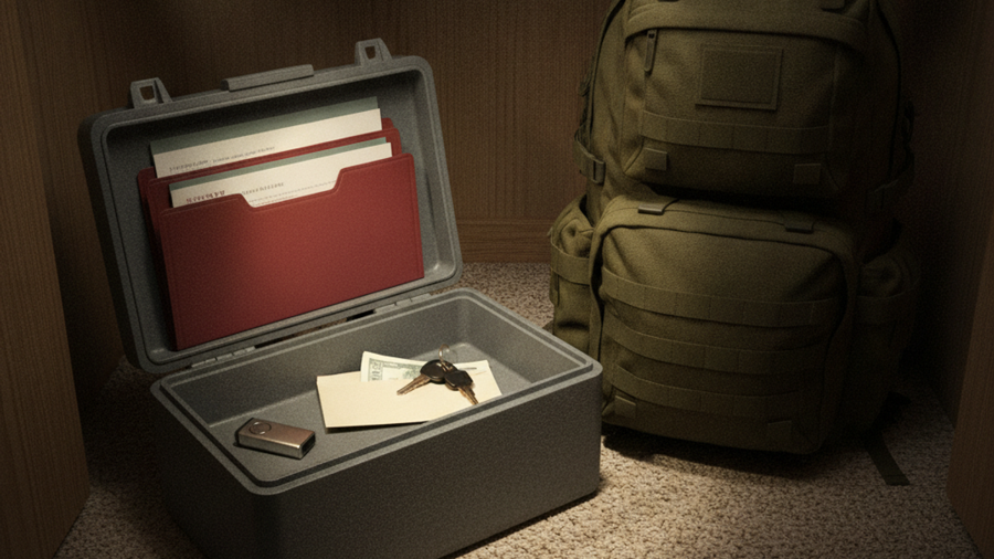 Open fireproof safe in a closet holding a document folder, USB drive, spare keys, and emergency cash beside a packed bag