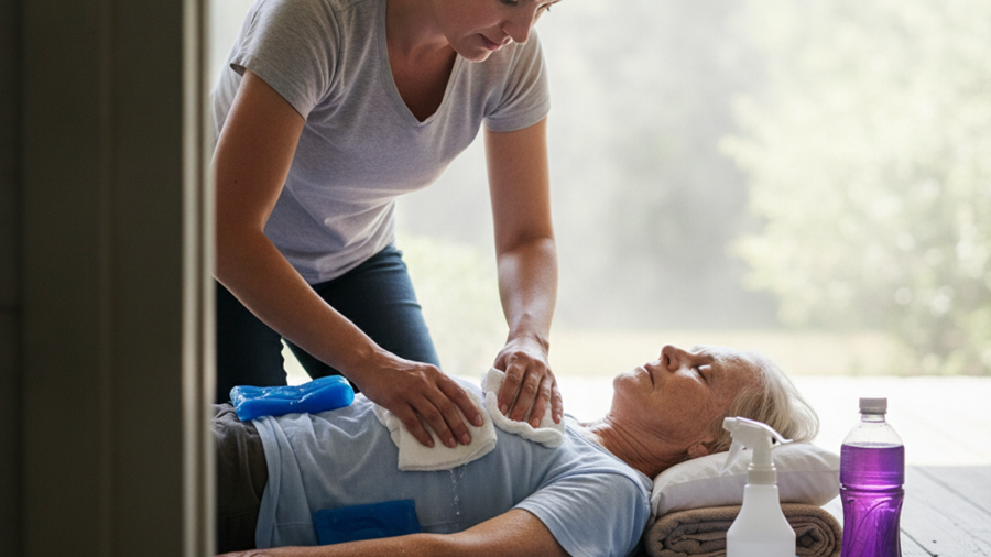 Person applying ice packs to the neck and armpits of an overheated elderly woman lying in the shade