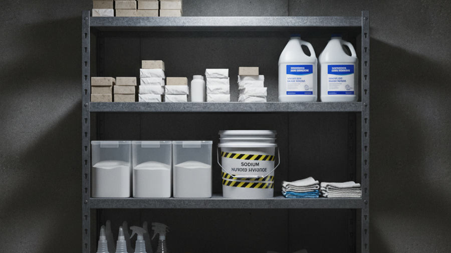Basement shelf stocked with bleach, washing soda, borax, lye, and bar soap as an emergency hygiene supply