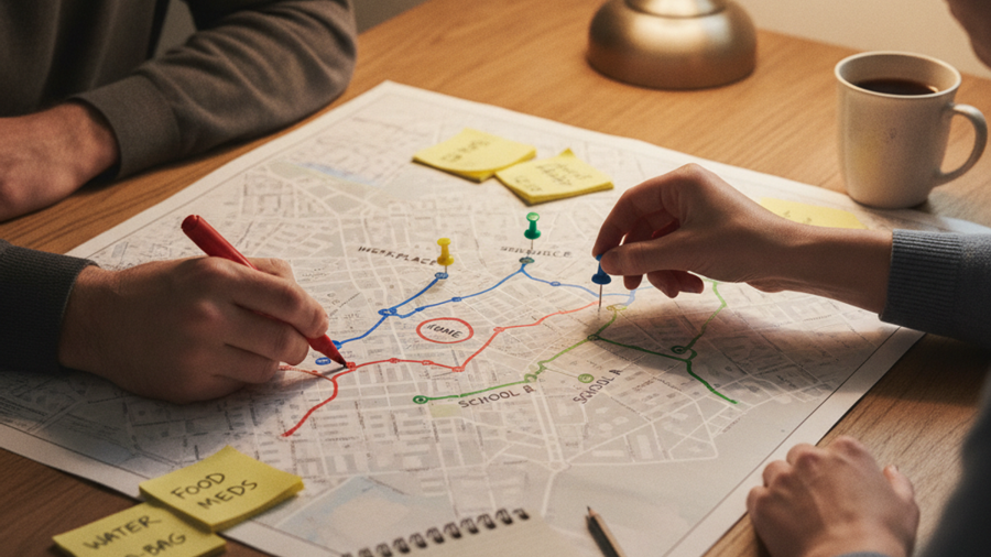 Hands marking three backup routes between home, school, and workplace on a printed city street map with pins
