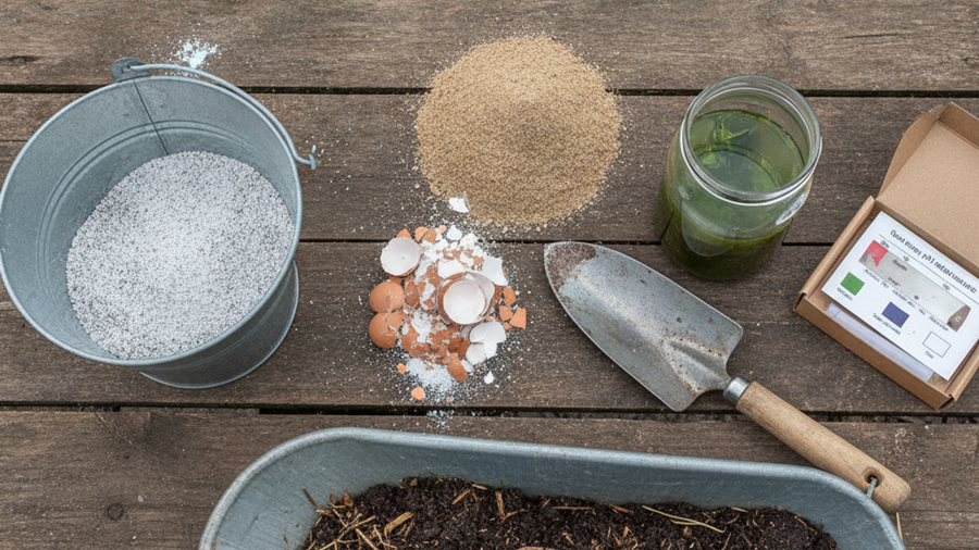 Wood ash, crushed eggshells, bone meal, aged manure and comfrey tea laid out as homemade garden fertilizers