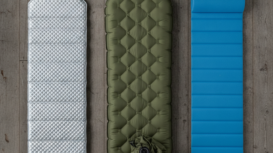 Three sleeping pads compared side by side — closed-cell foam, insulated inflatable, and thin foam roll — with R-value cards
