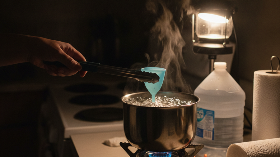 Menstrual cup being sterilized in boiling water on a propane camp stove during a power outage