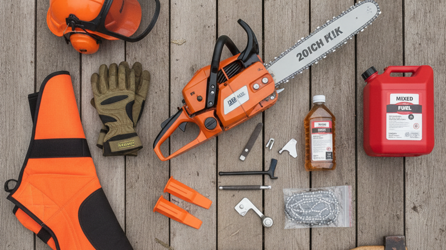 Chainsaw field kit laid out with chaps, helmet, files, felling wedges, spare chain, bar oil and fuel can