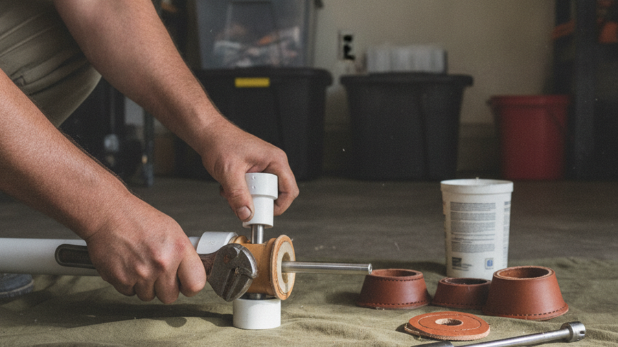 Hands assembling a hand pump cylinder and drop pipe sections with replacement leather cups and tools laid out
