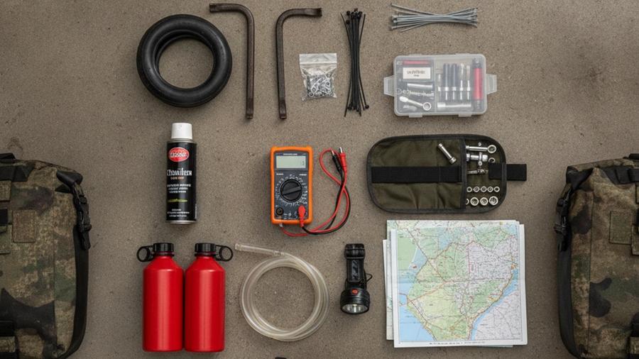 Overhead flat-lay of motorcycle bug-out gear including tire plug kit, tools, spare tube, fuel bottles, and soft panniers