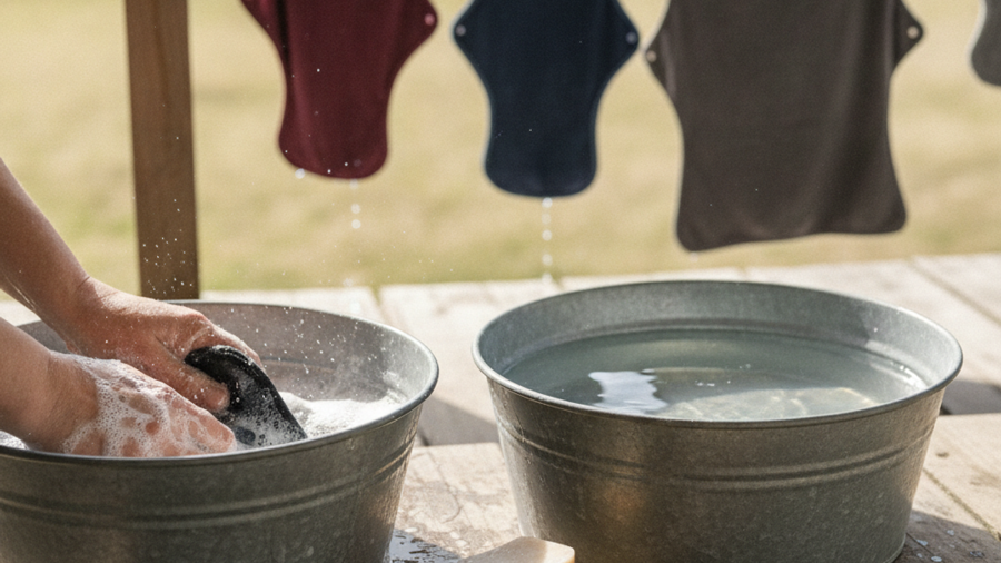 Reusable cloth menstrual pads being hand-washed in a galvanized basin with clean pads drying on a clothesline behind