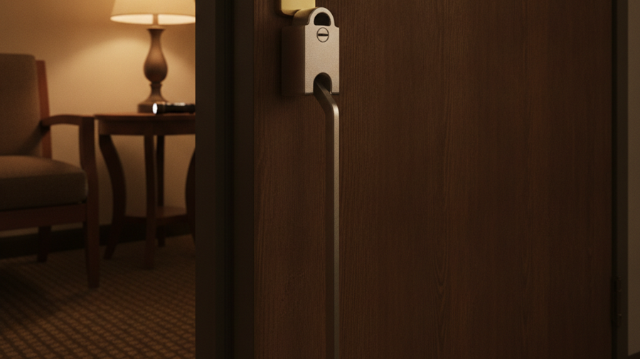 Hotel room door secured with a portable travel door lock, rubber wedge and deadbolt for room security while traveling