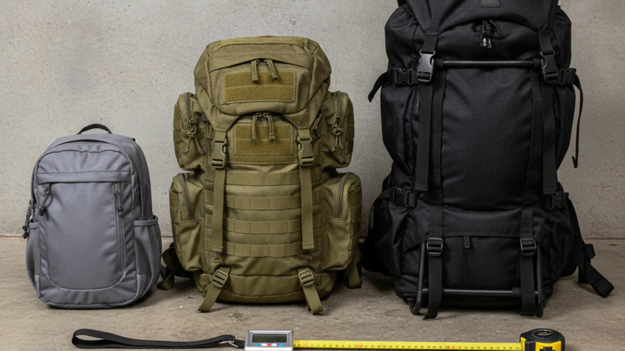 Three backpacks of different capacities lined up for comparison with a luggage scale and tape measure