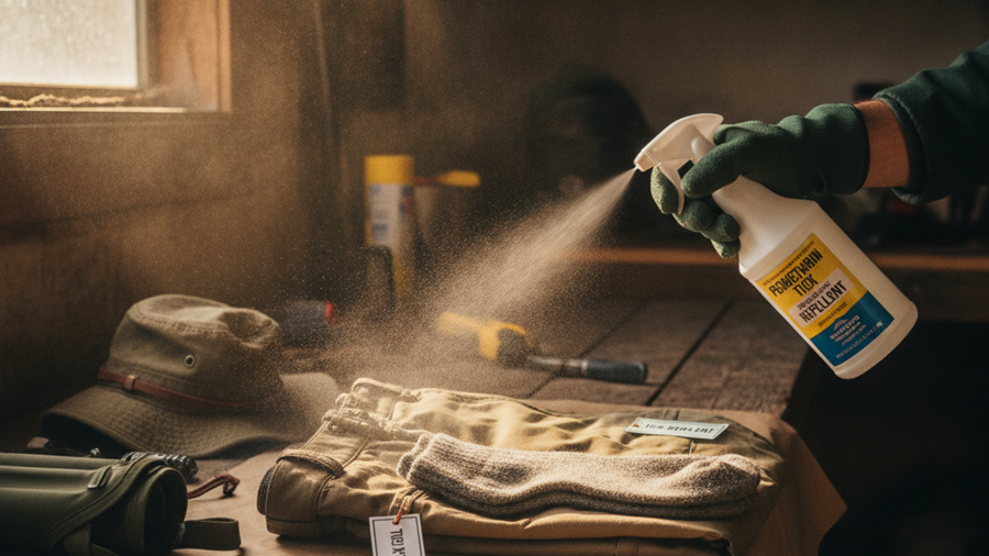 Gloved hands treating folded hiking pants and socks with permethrin spray on a workbench