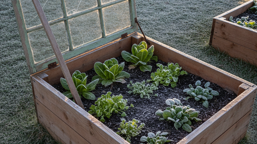 Wooden cold frame with hinged window sash propped open over frosted lettuce and spinach in a raised bed