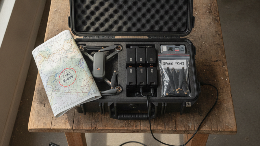 Open drone case with folded quadcopter, spare batteries, propellers and charging hub powered by a solar power station