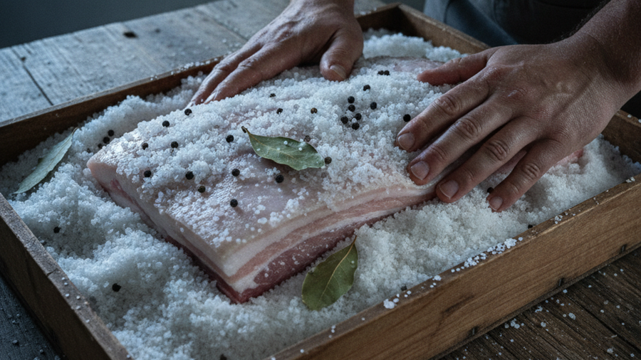 Hands packing coarse curing salt over a slab of pork belly in a wooden curing box