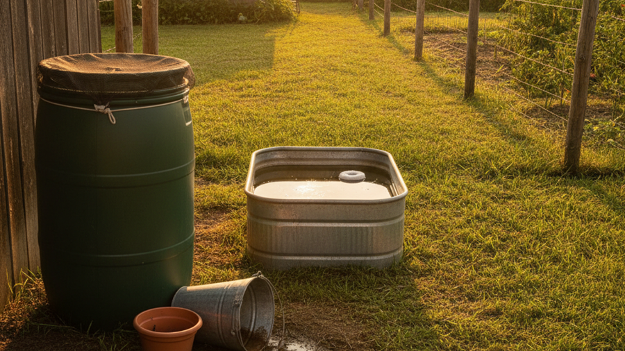 Rain barrel with mesh cover, tipped containers, and a larvicide dunk floating in a livestock trough
