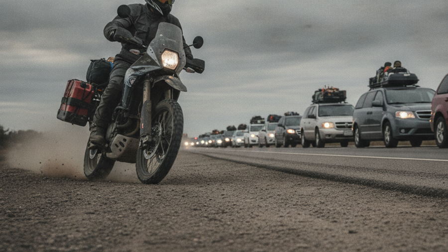 Loaded dual-sport motorcycle riding the dirt shoulder past a line of stopped cars during a highway evacuation